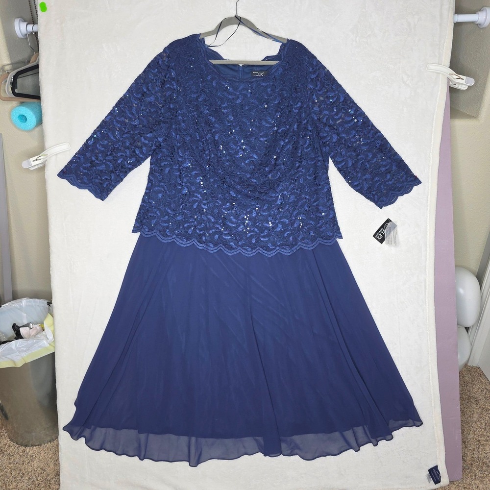 Alex Evenings NWT 22W NavyBlueLace Sequin 3/4 Sleeve Dress MotherofBride Formal‎